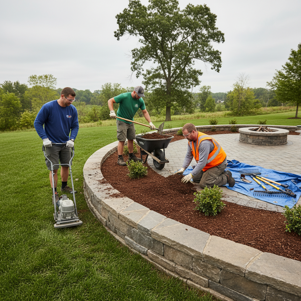 Landscaping crew edging and mulching near an interlocking patio and retaining wall in Mississauga, showing best-practice depth and edging