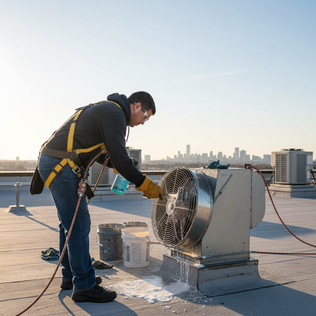 Technician cleaning a restaurant rooftop upblast exhaust fan with degreaser and scraper, part of NFPA 96–aligned grease management in Ontario