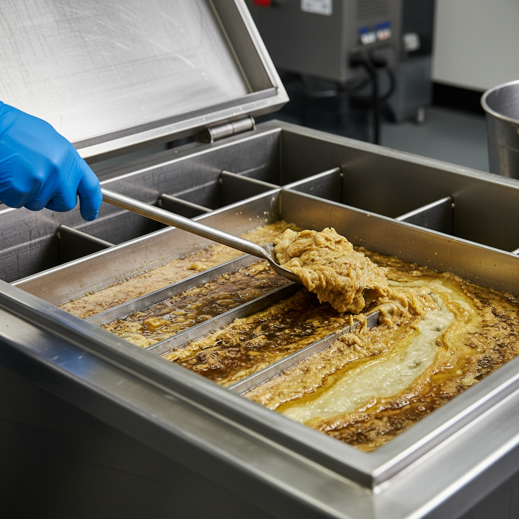 Close-up of a commercial kitchen grease trap interceptor showing FOG layers and technician skimming for plumbing compliance grease management