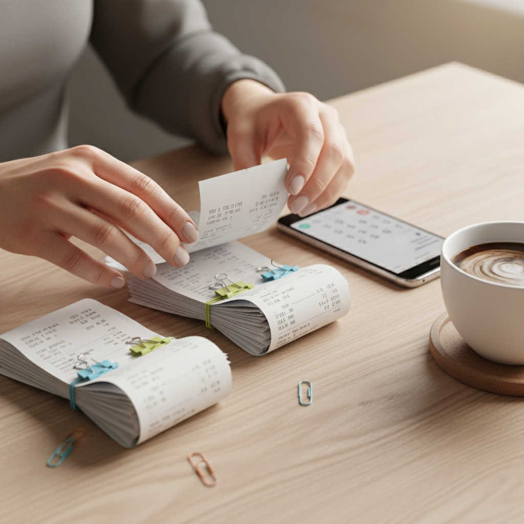 Close-up of receipts and calculator for a self-employed tax deduction checklist