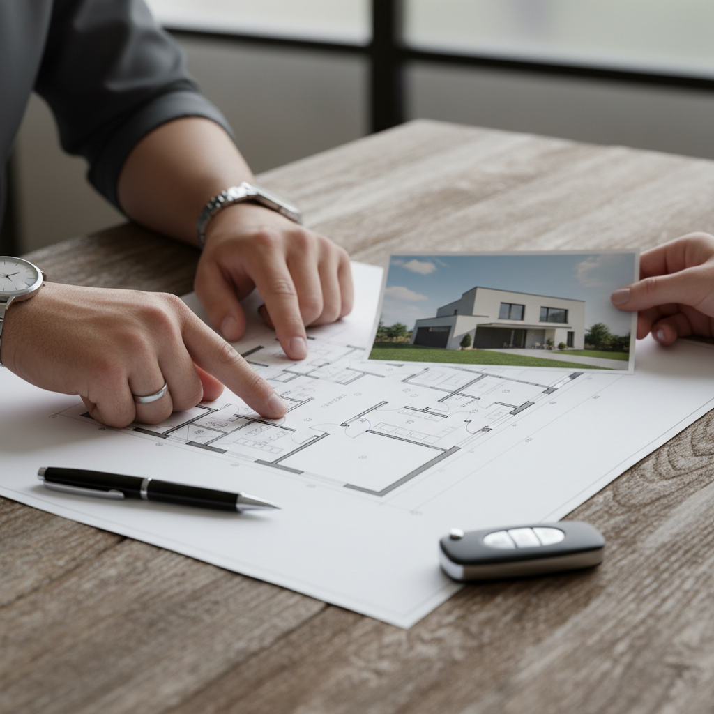 Close-up of buyers and a seller reviewing a floor plan and home photo during a Houseup viewing workflow, illustrating real estate professional network benefits