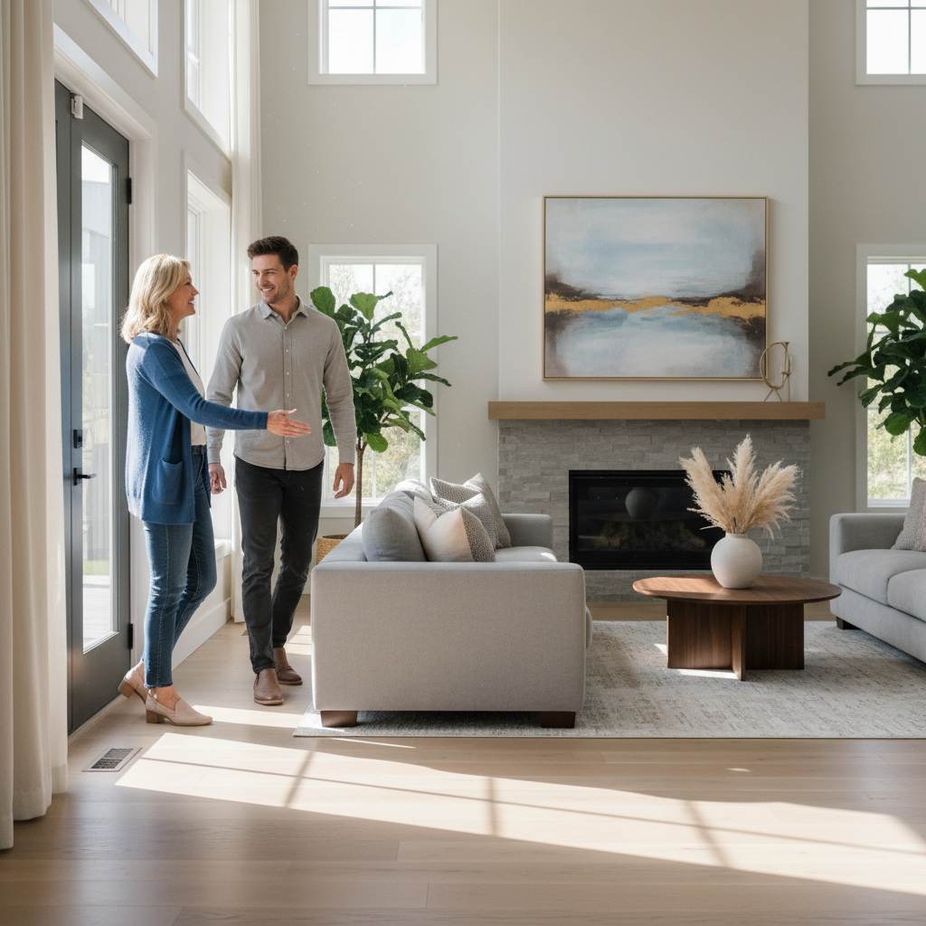 Homeowner greeting buyers for a scheduled Houseup viewing, demonstrating smooth coordination from social networking to in-home showing