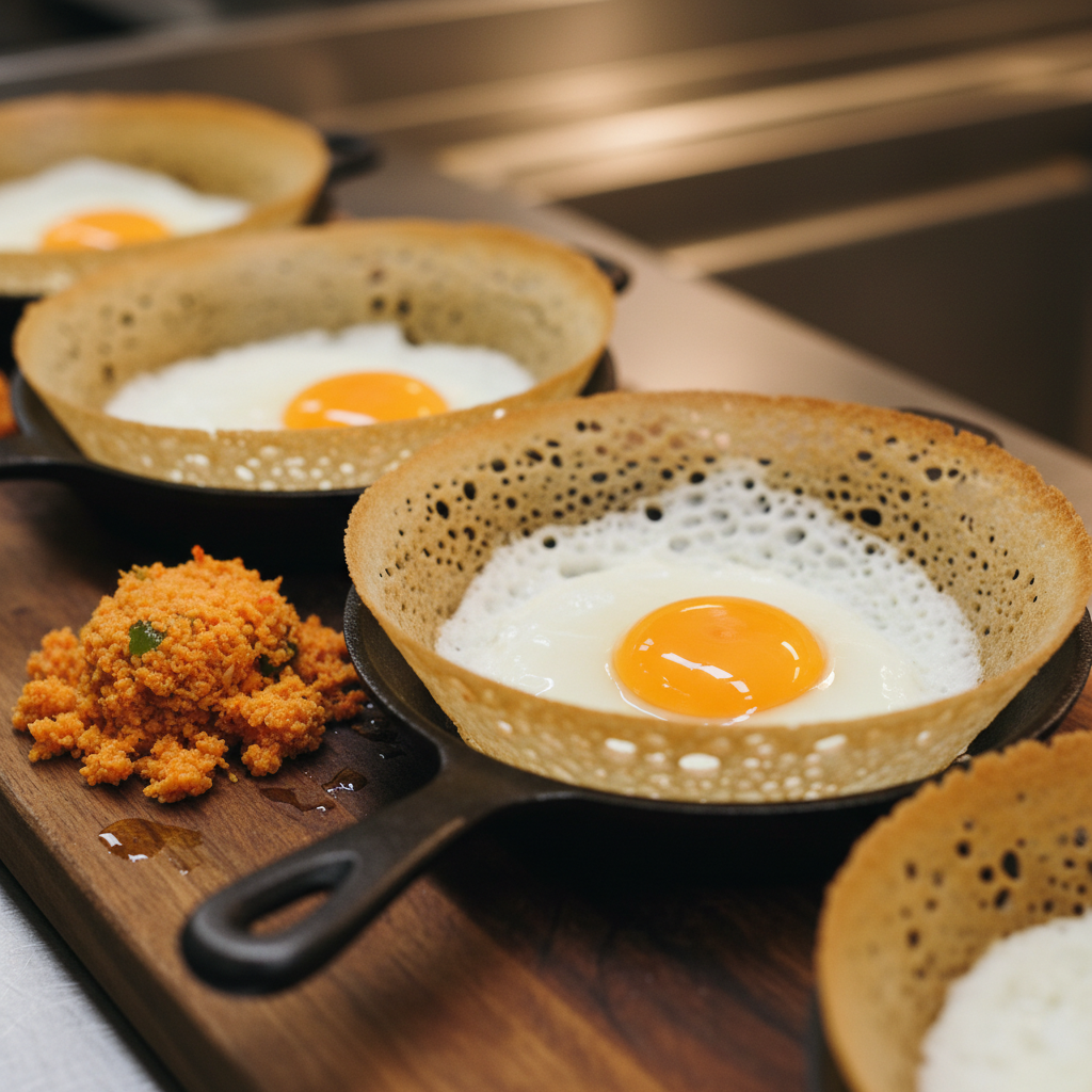 Close-up of Sri Lankan hoppers with egg and coconut sambol, part of Sri Lankan cuisine catering options for events in Mississauga