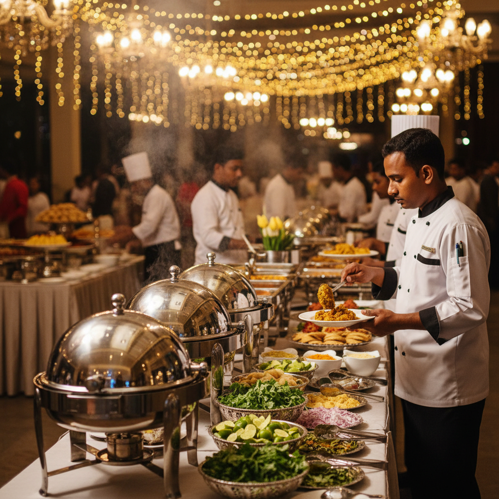 Catering team setting up Sri Lankan buffet stations at an upscale Mississauga venue as part of Sri Lankan cuisine catering options
