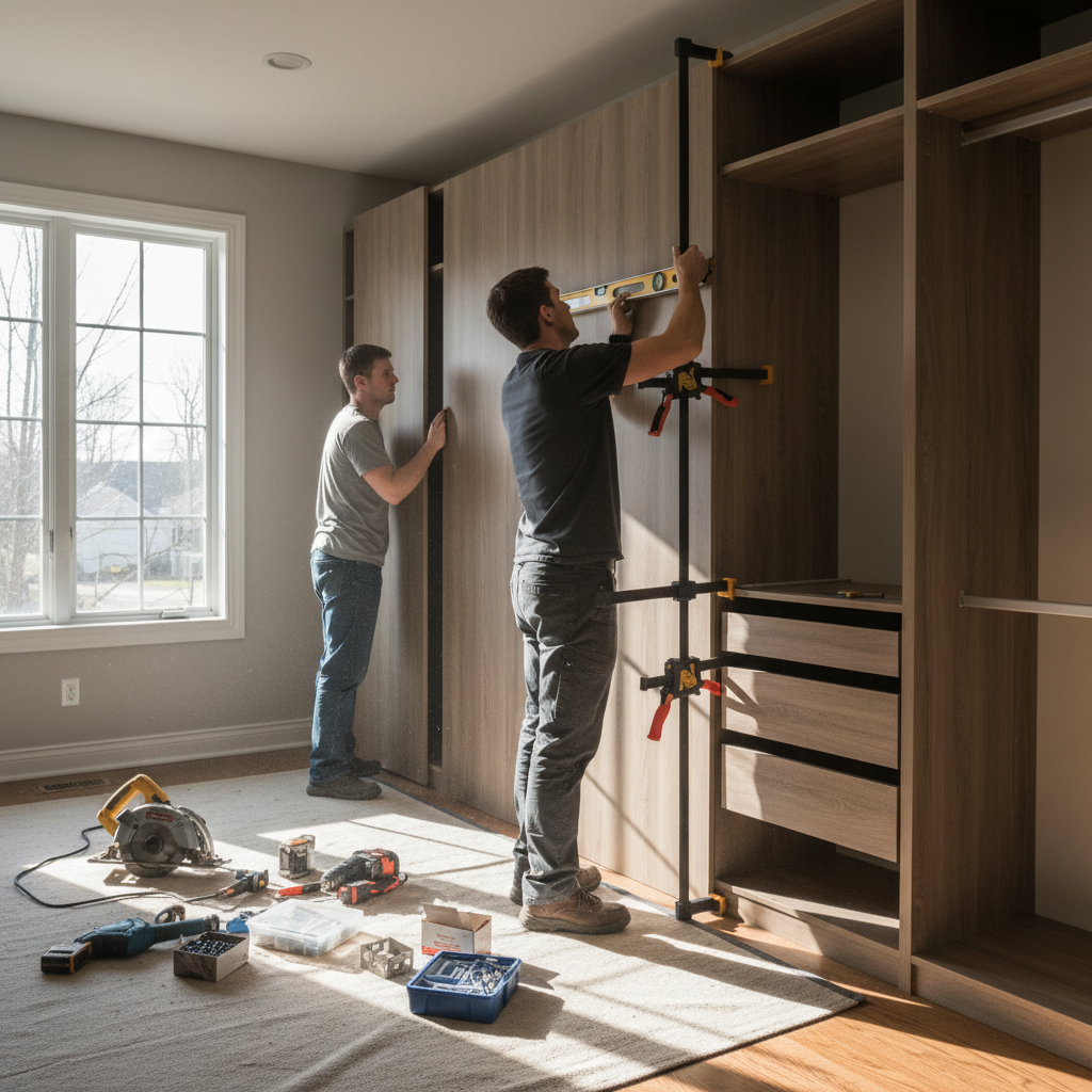 Custom Wardrobe Closets: Save Space & Stay Organized 2026 2 Professional closet installation in progress in a North American home: modular panels aligned, clamps and level visible, clean jobsite