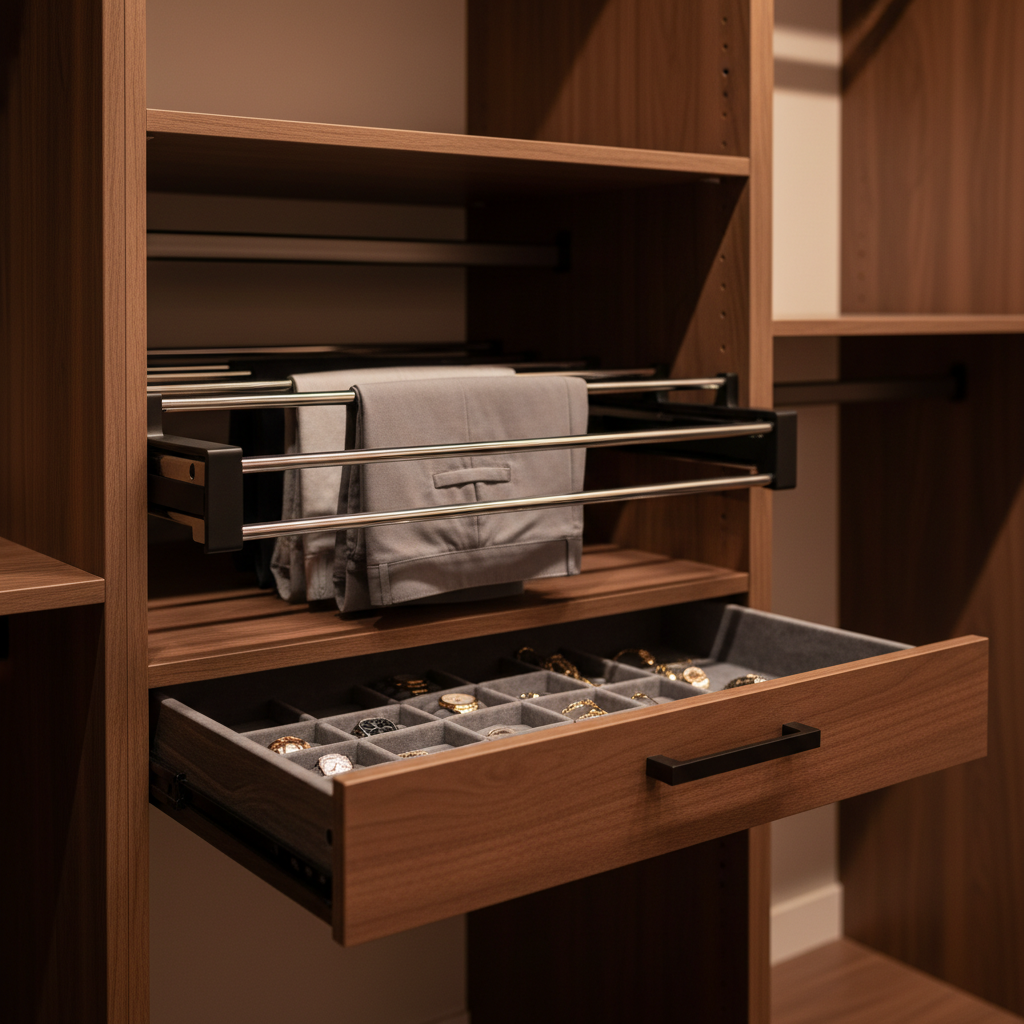 Custom Wardrobe Closets: Save Space & Stay Organized 2026 1 Close-up of accessories in custom wardrobe closet systems: pull-out pant rack, velvet jewelry drawer, adjustable shelves, matte black handles