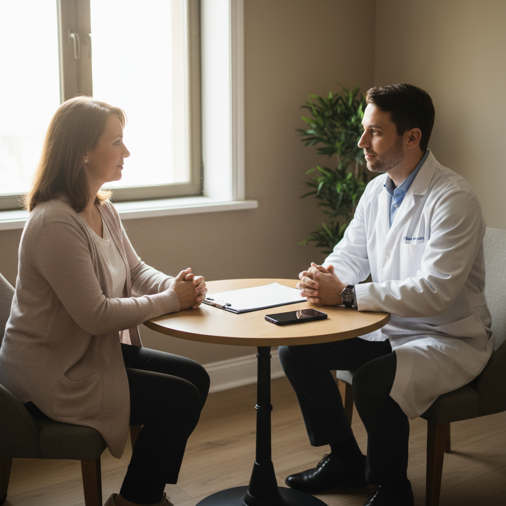 Private consultation scene between patient and clinician discussing a monthly Sublocade plan in a quiet room