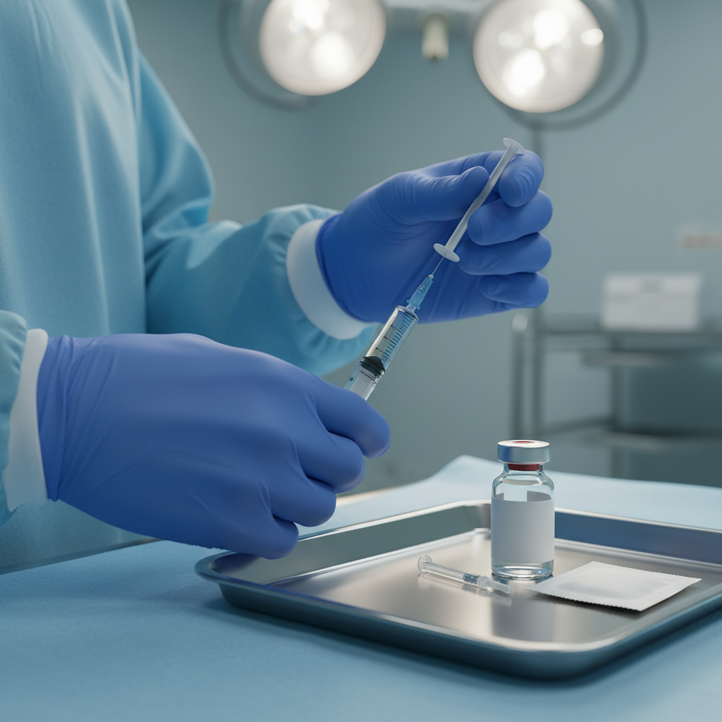 Clinician preparing a Sublocade syringe on a sterile tray, illustrating monthly injection workflow and pharmacy coordination