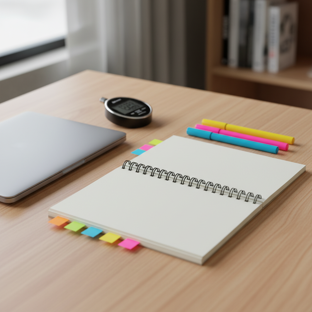 Study desk for PMP exam changing in 2026 with color-coded tabs and timing tools