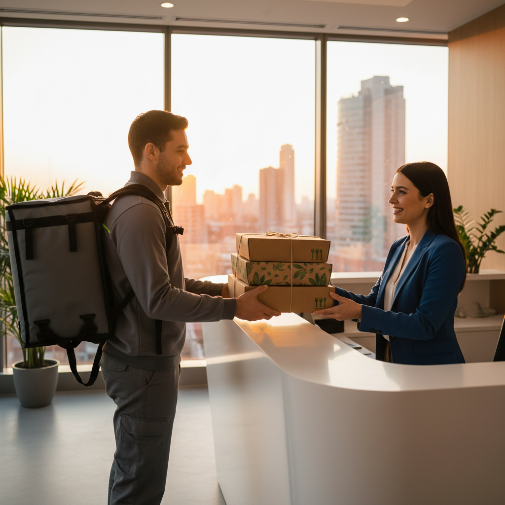 Courier delivering neatly packed catering boxes to a modern Toronto office reception for a small meeting