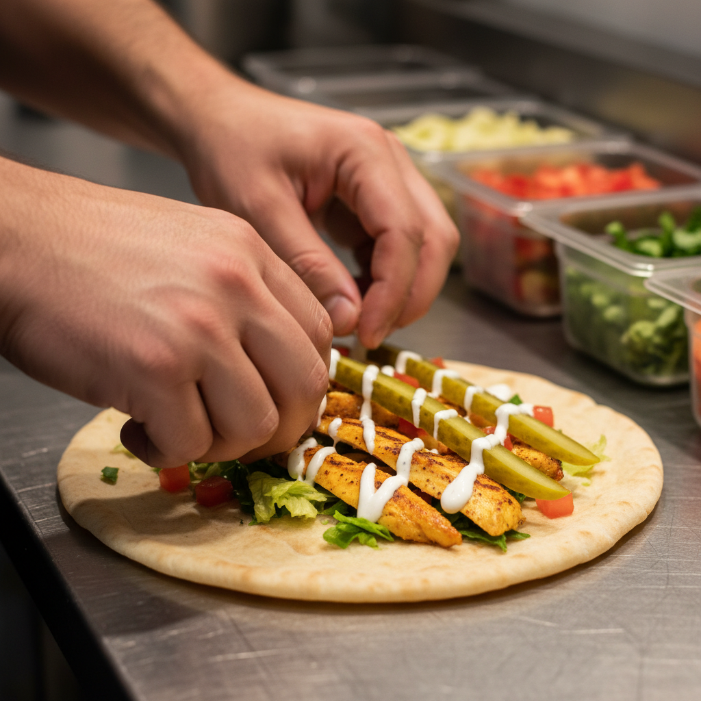 Close-up of hands assembling a shawarma wrap for small office meeting catering with labeled sauces and fresh toppings