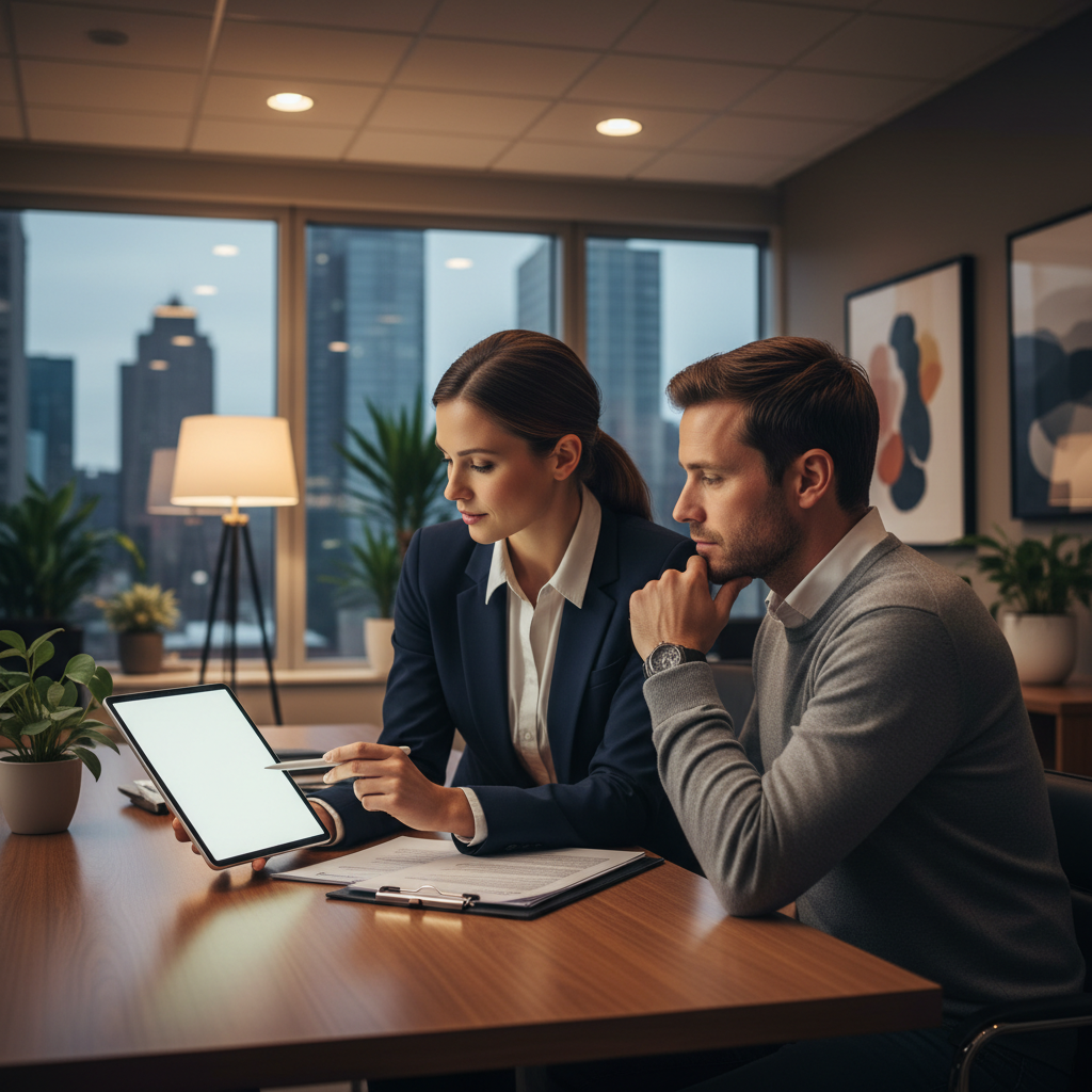 Mortgage broker guiding a homeowner through a quick rate check for home loans on a tablet