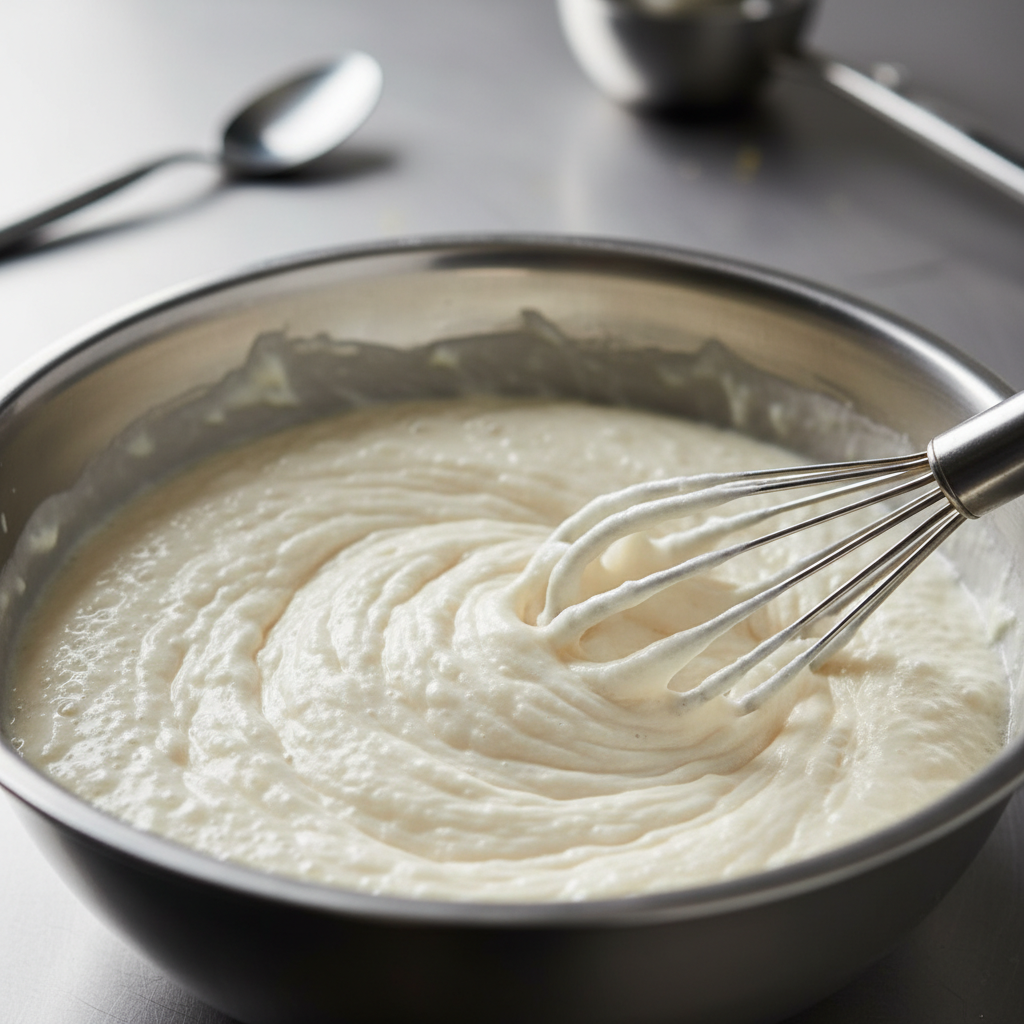 Urad dal batter being whisked to an airy texture for a dahi bhalla traditional recipe, showing bubbles and lightness in a stainless bowl