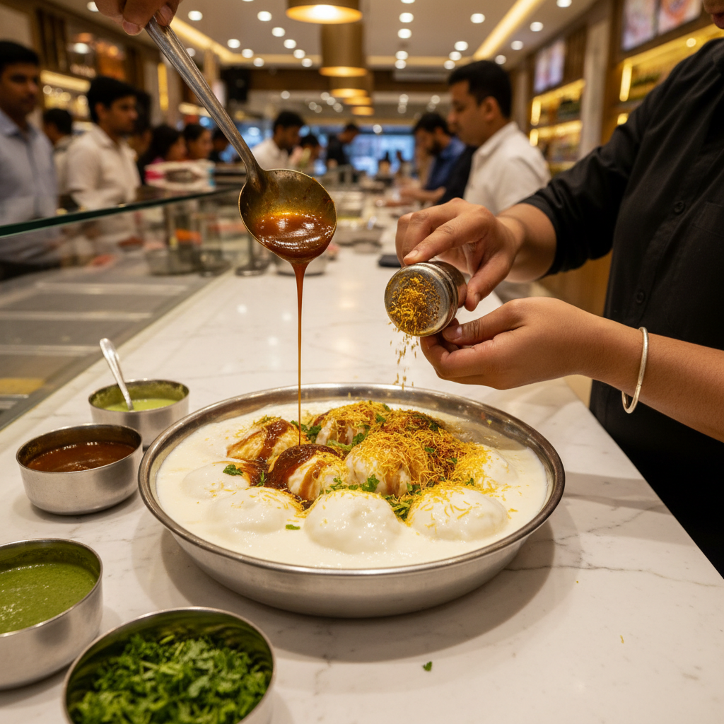 Top-down action shot assembling Dahi Bhalla: vadas resting in chilled yogurt while tamarind chutney and chaat masala are added for garnish