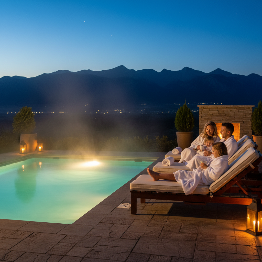 Heated outdoor pool at a family‑friendly North Conway motel with evening ambiance and mountain silhouette, ideal downtime for affordable family accommodations