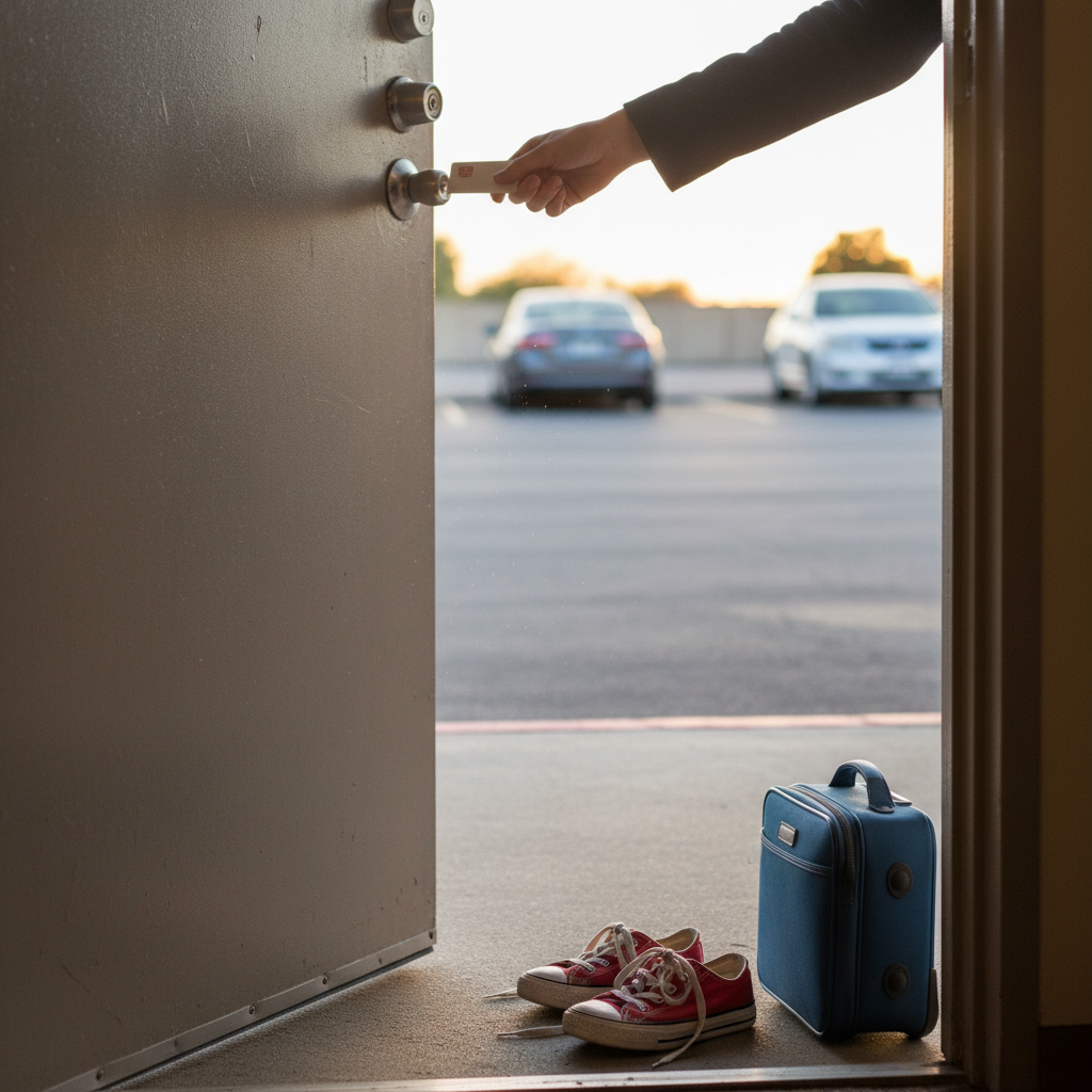 Detail of family‑friendly motel room entrance with keycard, adjacent parking, and kids’ travel gear for affordable family accommodations in North Conway