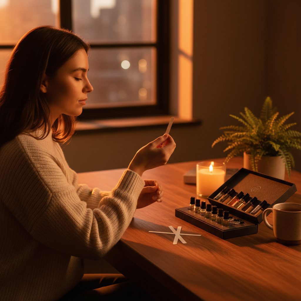 Lifestyle scene testing a perfume discovery set at home with scent blotter and wrist application