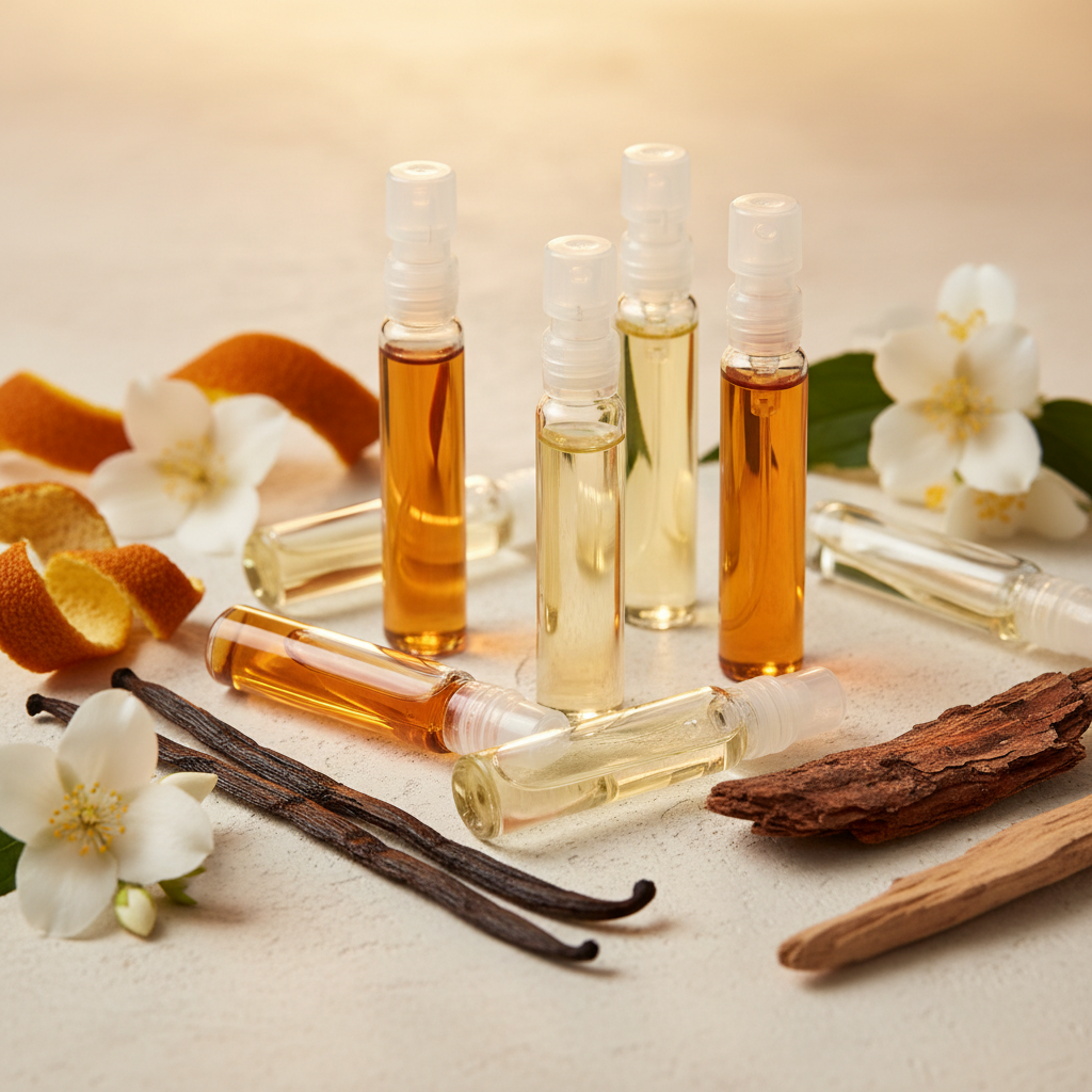 Close-up of perfume discovery set vials and ingredients showing how to compare notes and longevity