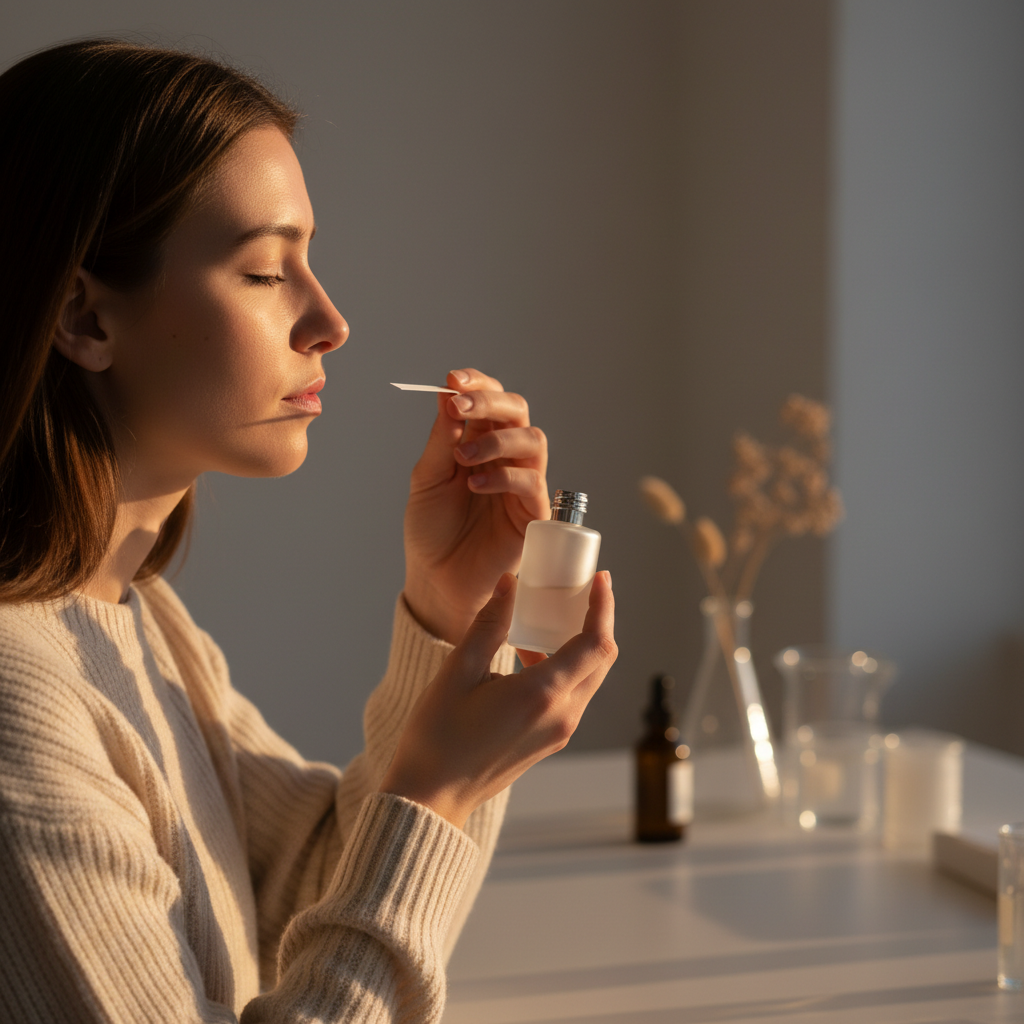 Testing a unisex perfume on a blotter strip before a full-day skin wear test, as recommended in this unisex fragrances guide