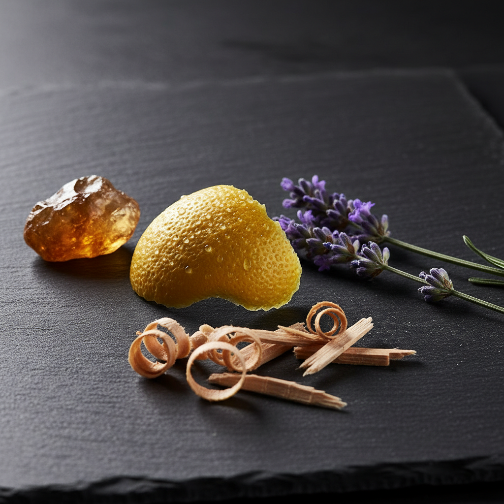 Close-up of premium unisex fragrance ingredients—bergamot, lavender, cedar, and amber—showing balanced notes ideal for a unisex fragrances guide