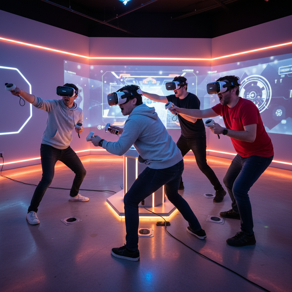 Corporate team collaborating inside a VR escape room, teammates pointing and coordinating to solve puzzles together