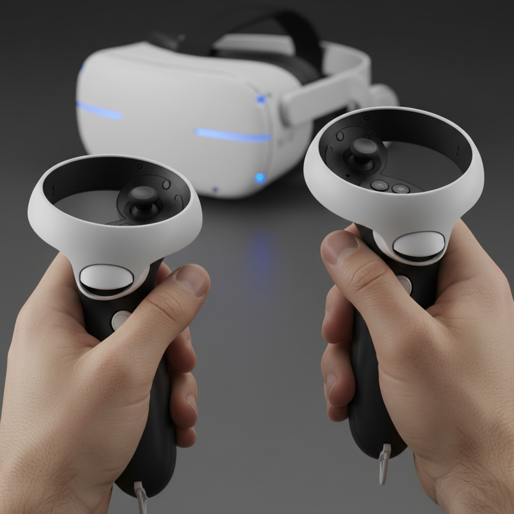 Close-up of VR motion controllers used for corporate team-building games at a VR arcade, showing ergonomic design and room-scale tracking readiness