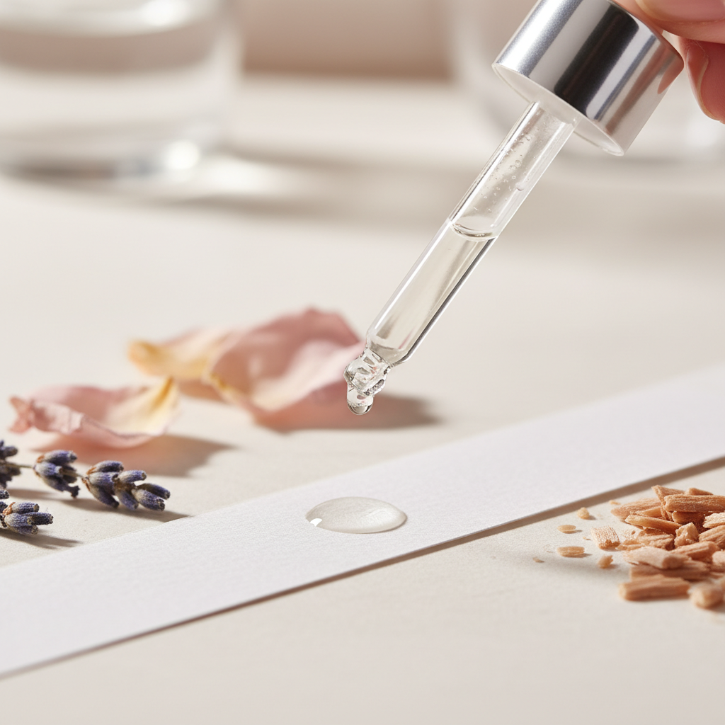 Close-up of perfume sample vial applying scent to tester strip, illustrating sample sets vs full bottles testing process