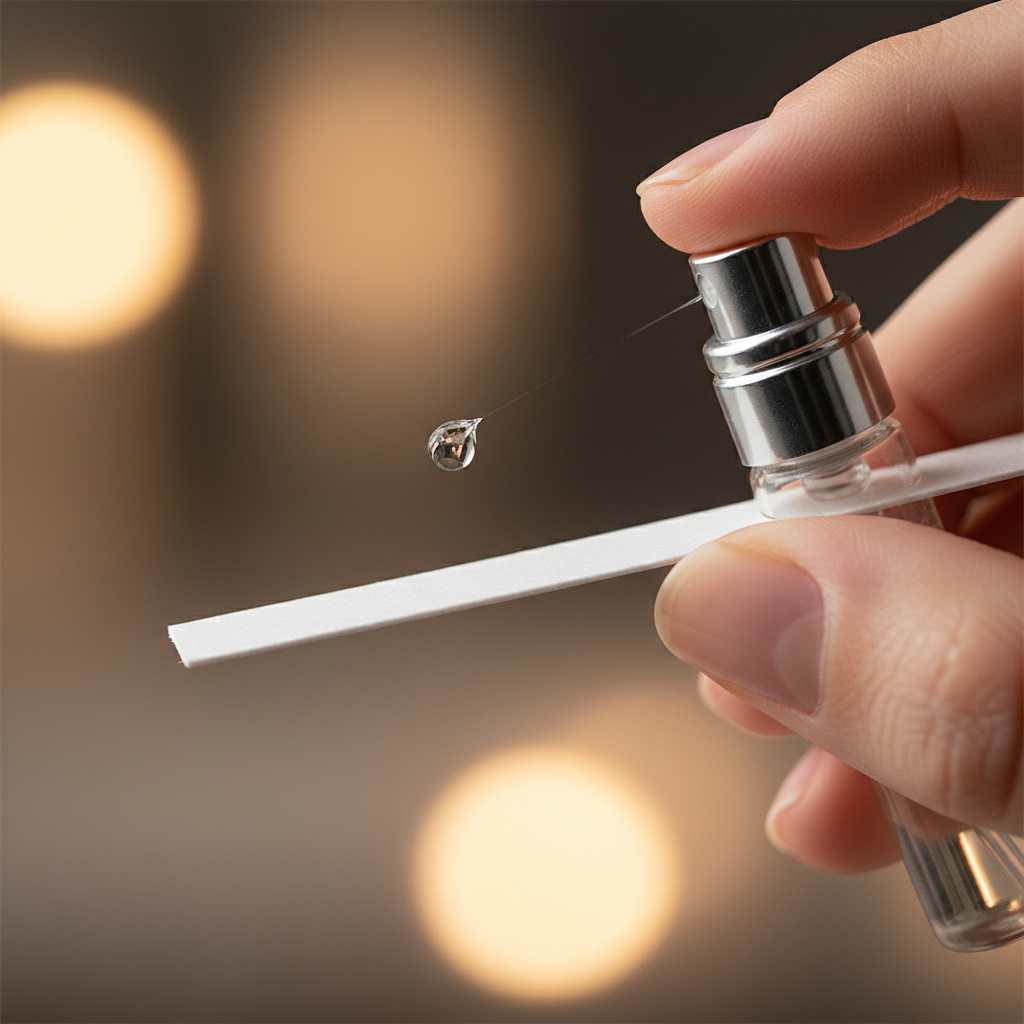 Close-up of travel-size perfume sample vial and blotter strip used in discovery sets testing routine