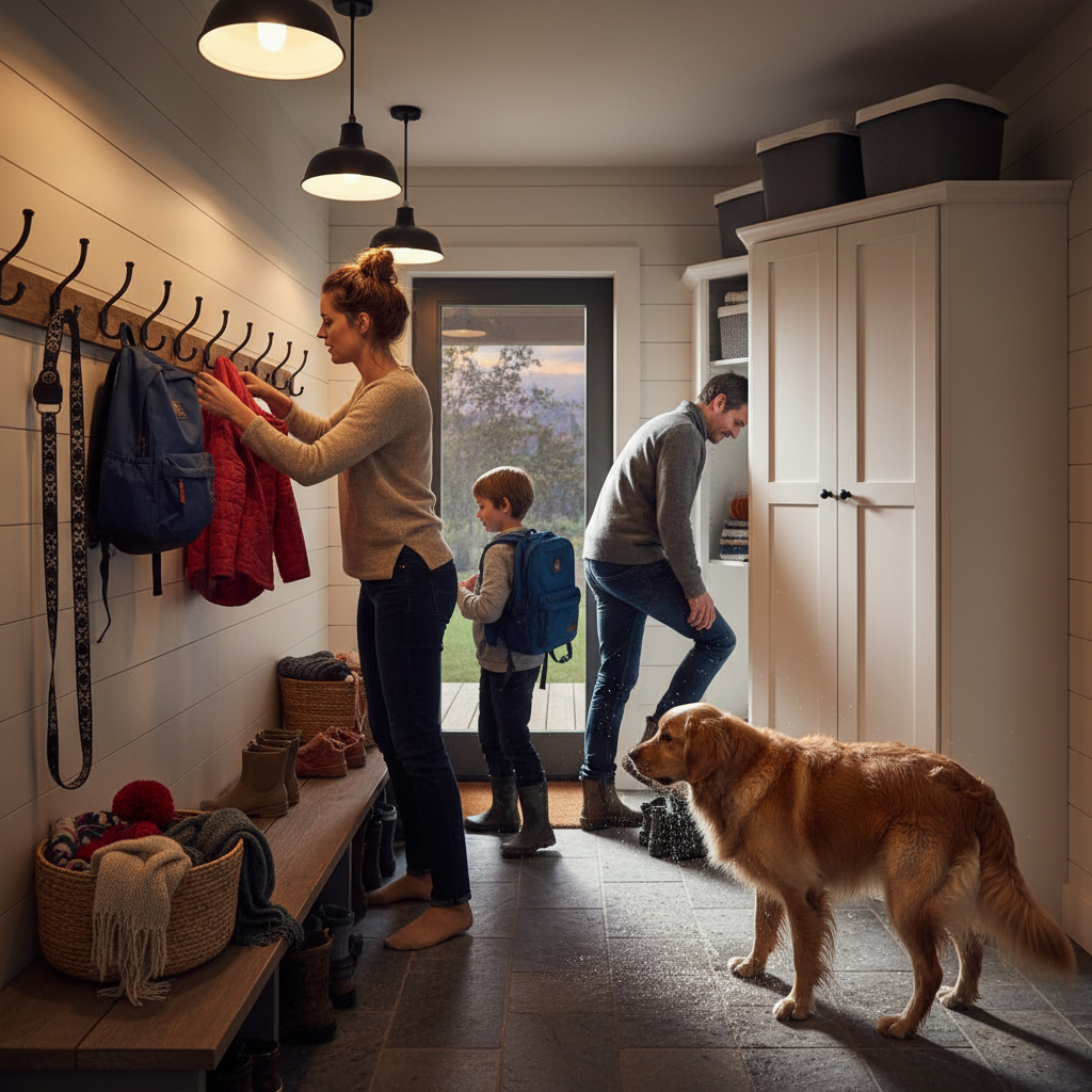 Complete Mudroom Cabinet Plan for a Tidier Home in 2026 2 Side-angle scene of a family using a mudroom with cubbies, tall cabinets, and a sturdy bench—organized entry workflow