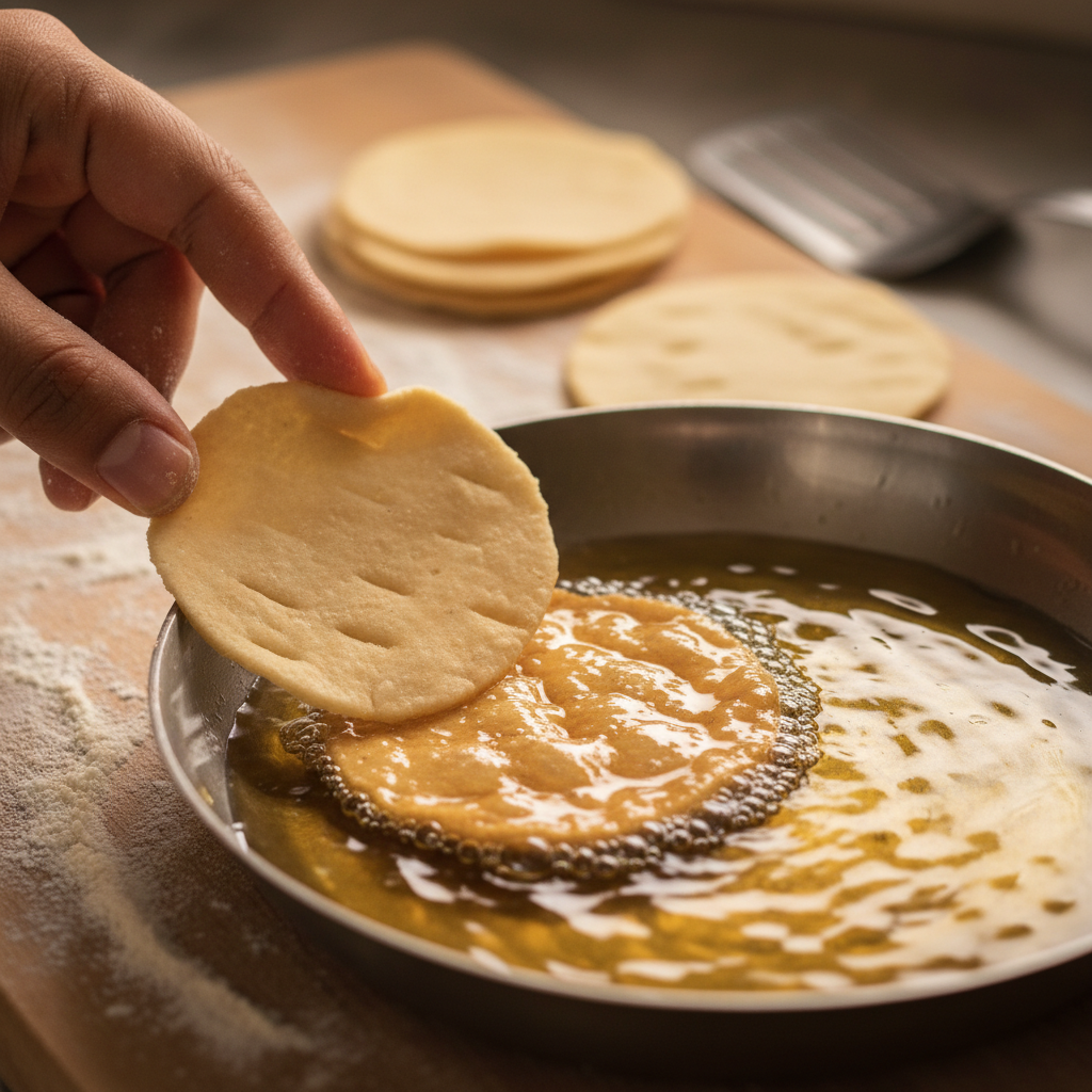 Close-up of papdi dough discs being docked and slid into hot oil, demonstrating frying technique for crisp papdi chaat in Brampton