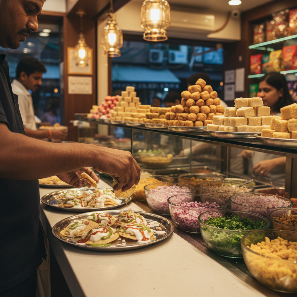 Side-angle view of a mithai shop chaat station in Brampton with staff assembling papdi chaat to preserve crispness using chilled yogurt and last-minute chutneys