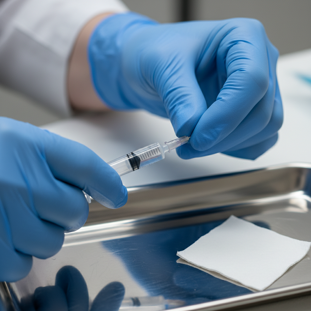 Close-up of a clinician preparing a Sublocade injection syringe for monthly buprenorphine treatment