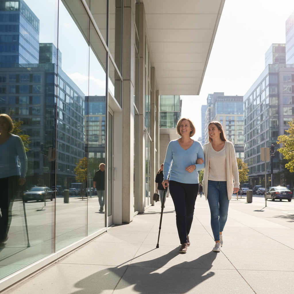 Patient leaving an outpatient addiction clinic after receiving a monthly Sublocade injection, hopeful mood and recovery progress
