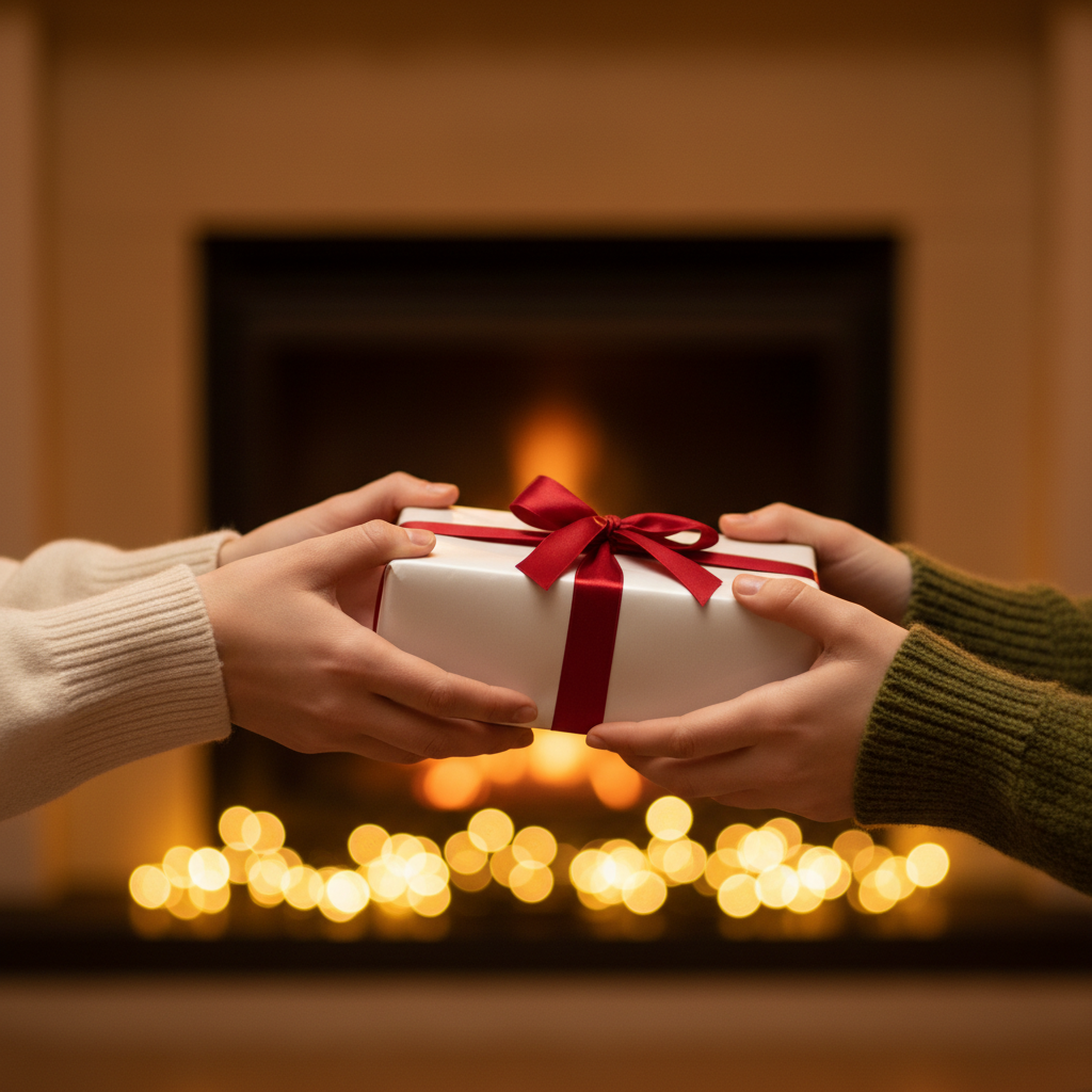 Hands exchanging an elegant perfume gift box, representing curated perfume gift sets for perfume buyers