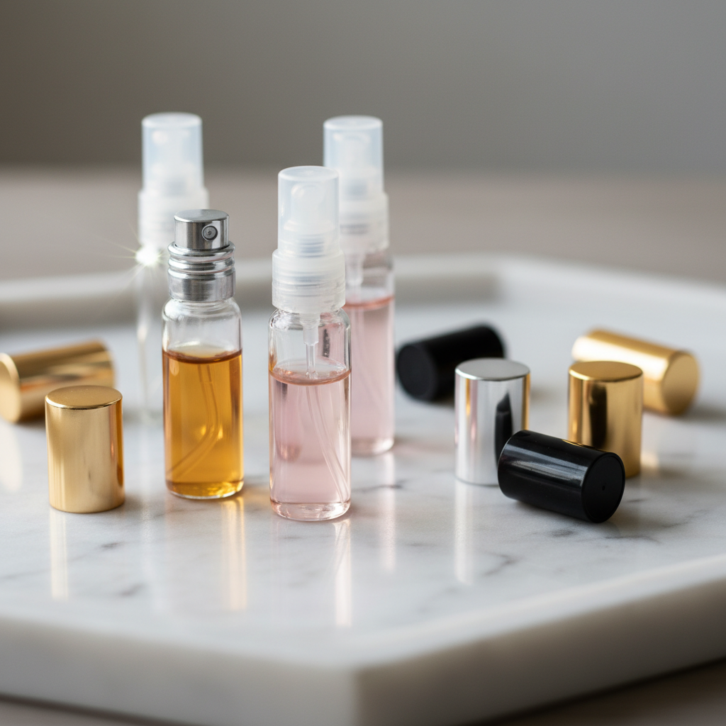 Close-up of fragrance sample vials used in perfume gift sets and discovery kits for perfume buyers