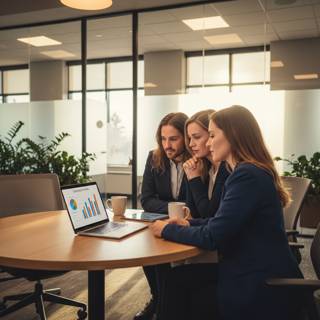 Whitby insurance broker meeting with clients to compare auto and home insurance quotes on a laptop