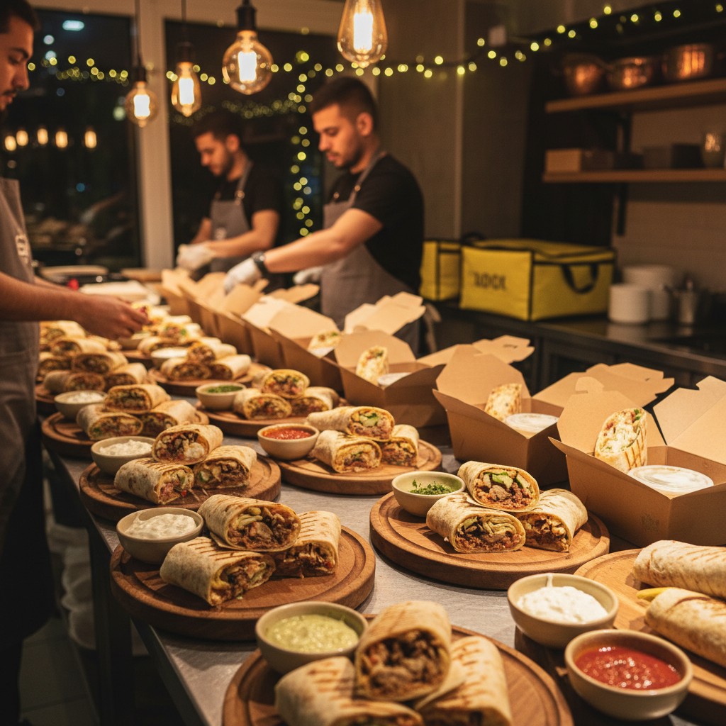 Shawarma wraps arranged for Toronto catering and delivery in eco-friendly boxes, showing clean assembly and vented packing
