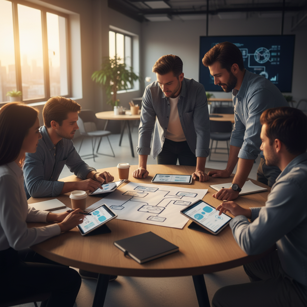 Team collaborating on on-page SEO process with sitemaps and tablets