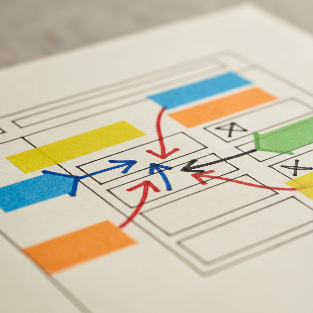 Close-up website wireframe for on-page SEO optimization showing layout blocks and notes