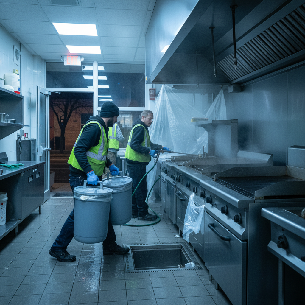 Service team in Southern Ontario transporting sealed containers after a grease trap pump-out during an overnight maintenance window