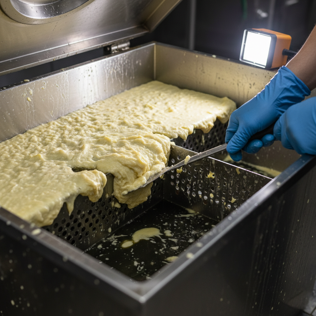 Close-up of a commercial grease trap during cleaning, showing FOG layers and baffle scraping for Ontario restaurant compliance