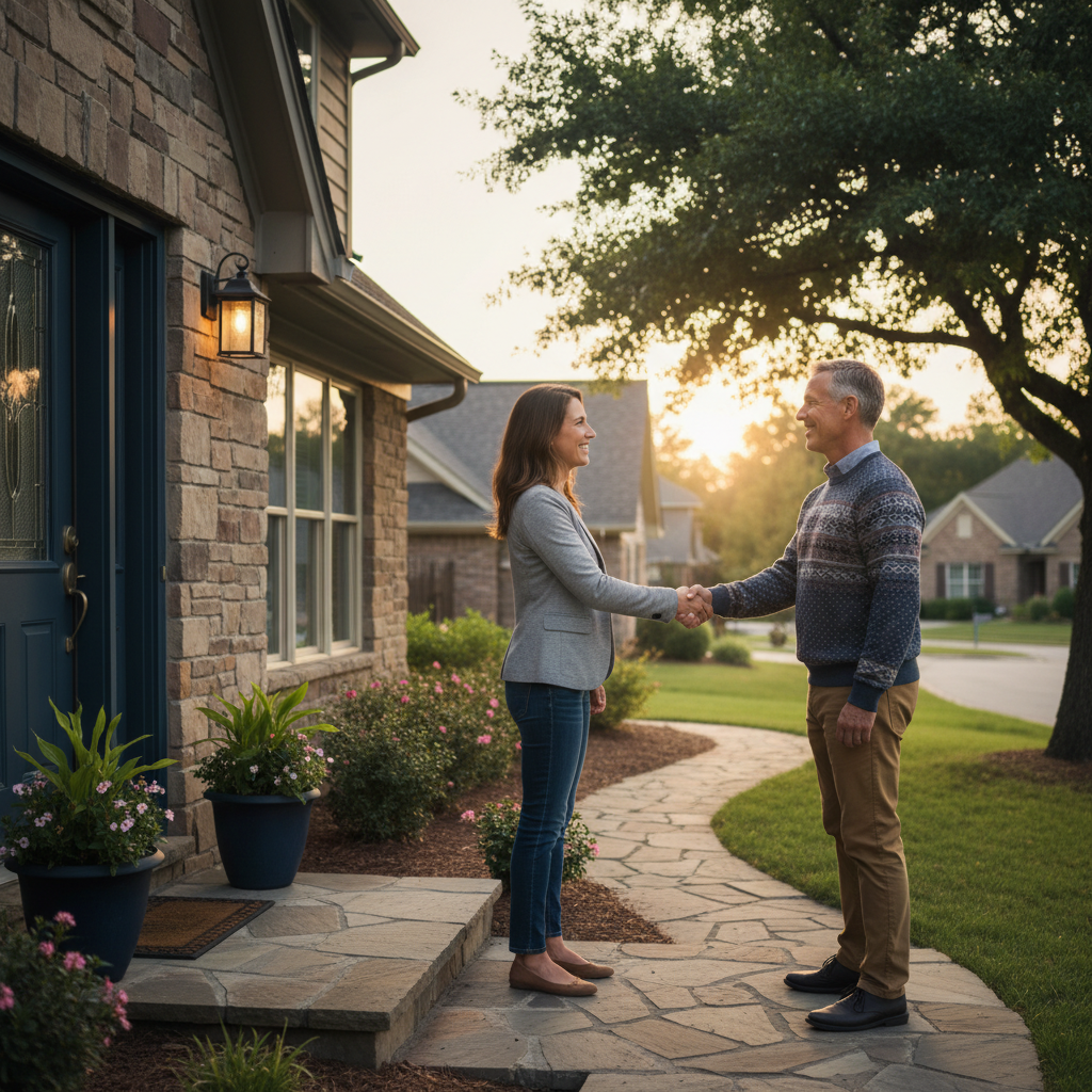 Buyer and seller greeting at a front door before a showing, illustrating trust built through direct communication