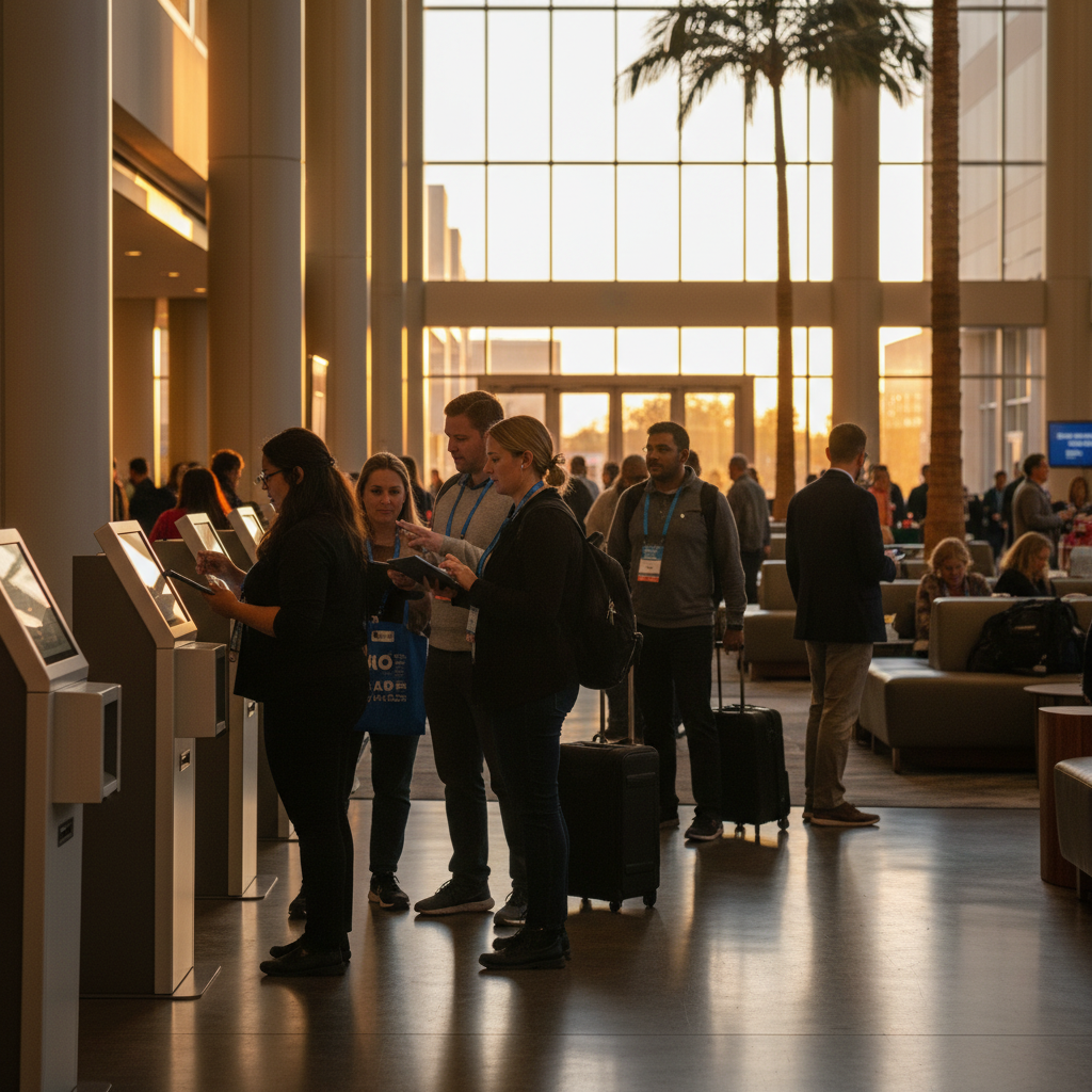 Conference registration flow in a Mississauga convention venue, illustrating timeline handoffs for arrivals and staffing