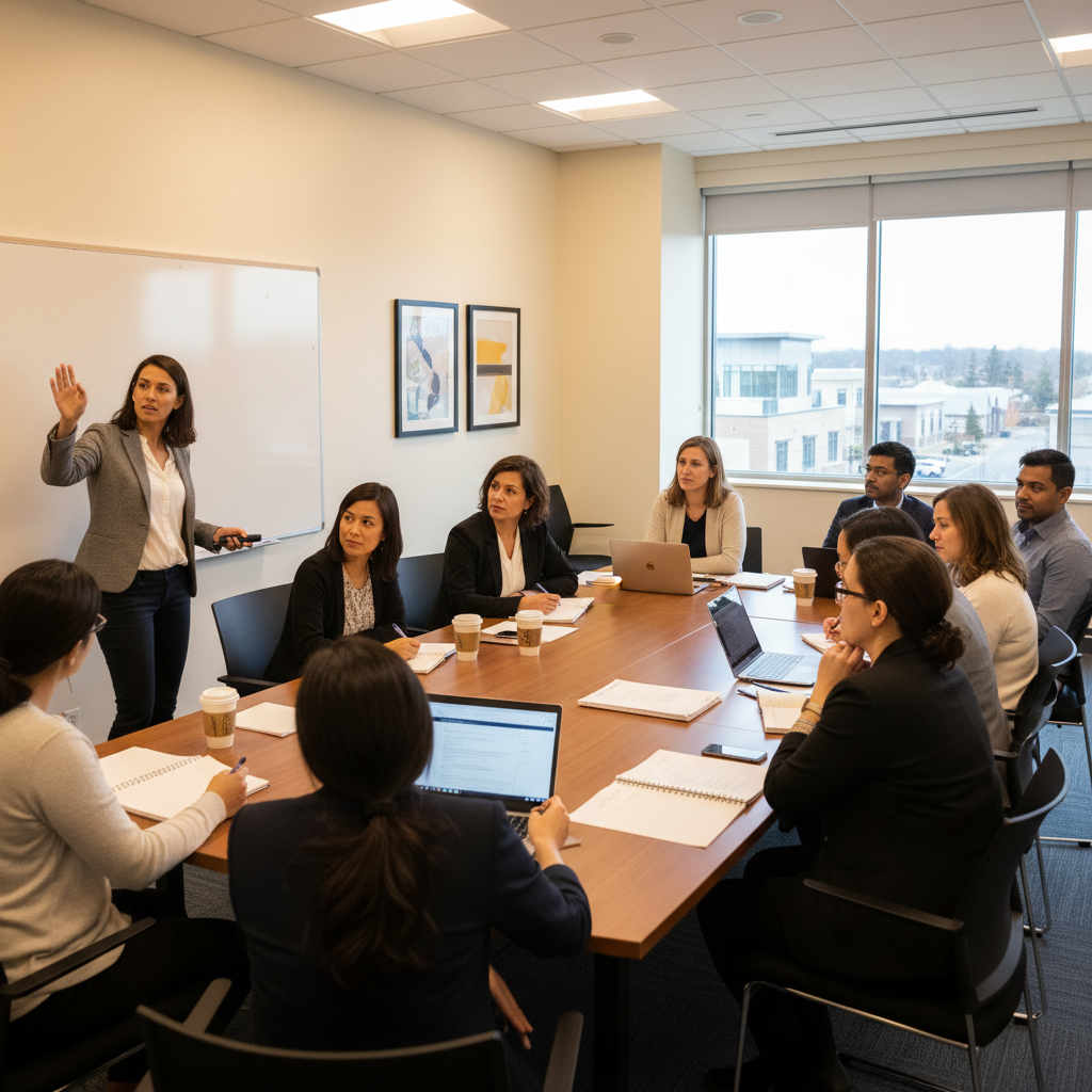 Weekend cohort in Mississauga practicing CAPM exam strategies with instructor guidance and collaborative drills