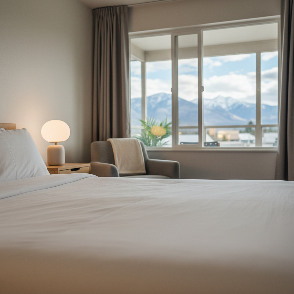 Renovated North Conway motel room with mountain view window and enclosed porch, ideal for family-friendly lodging options