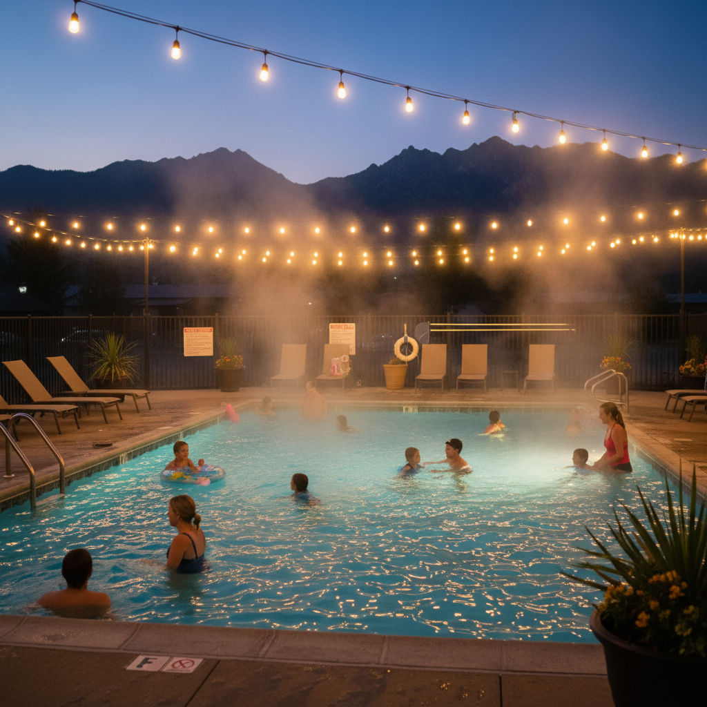 Outdoor heated pool at a North Conway motel at dusk, gentle steam rising, mountain silhouettes, ideal for family-friendly stays
