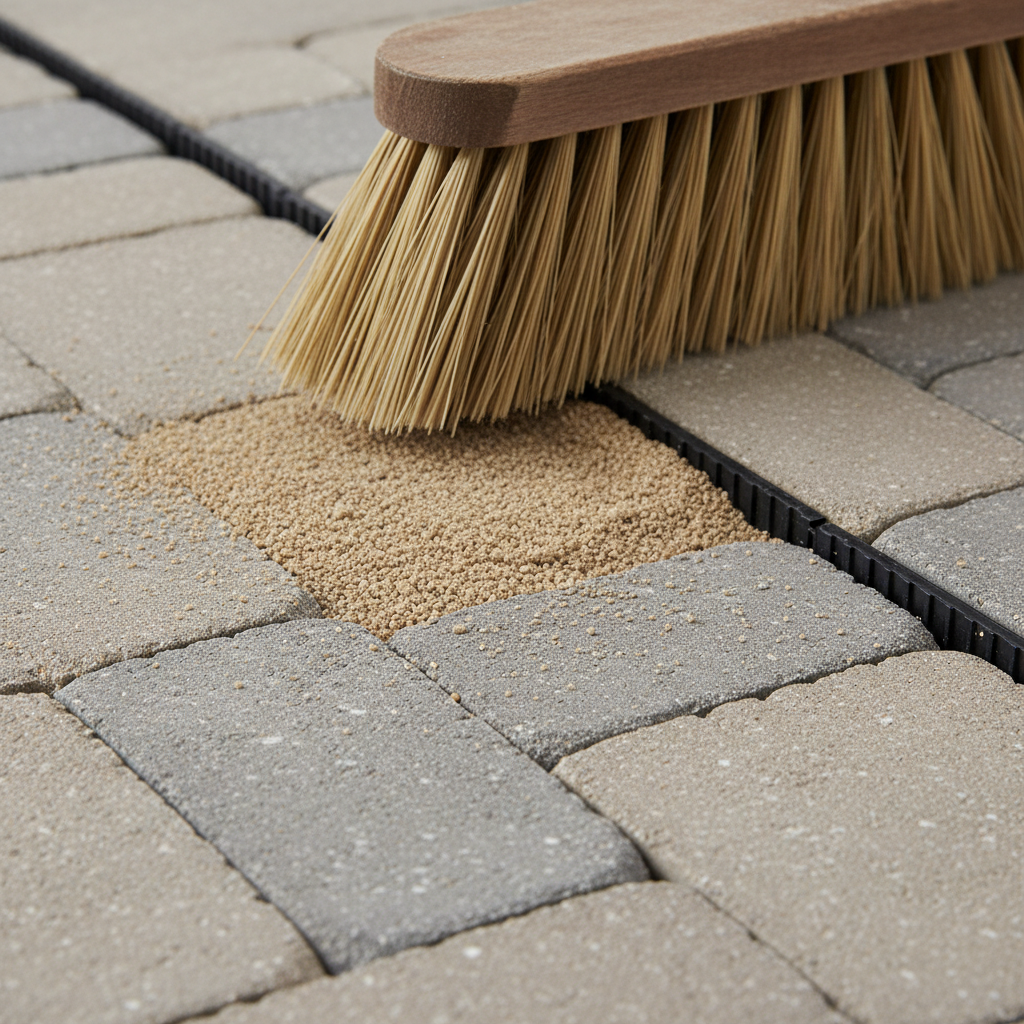 Close-up of polymeric sand swept into interlocking paver joints for a Mississauga patio installation
