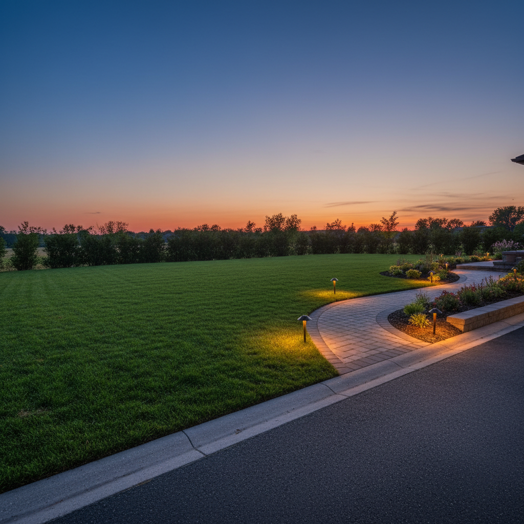 Evening front yard in Mississauga with new sod, curved interlocking walkway, and soft landscape lighting showing curb appeal