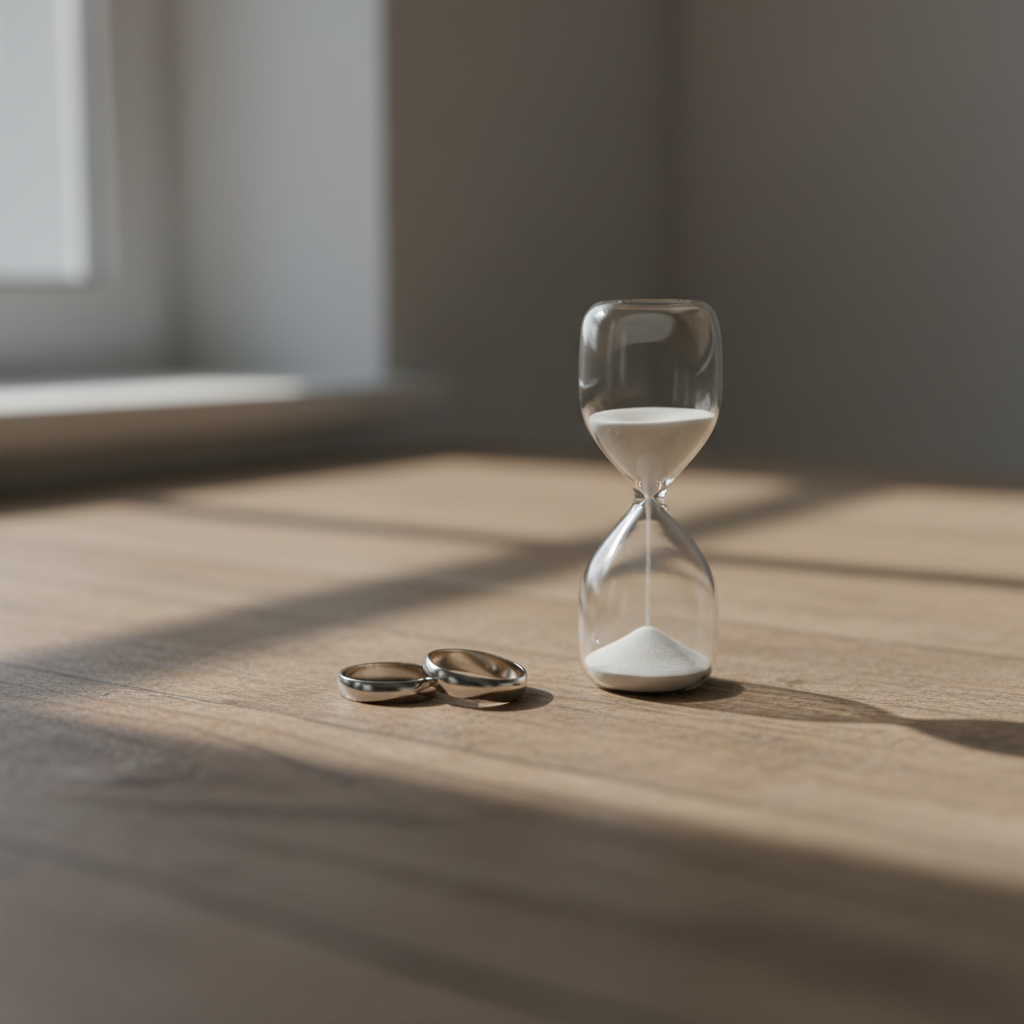 Close-up of wedding rings beside an hourglass symbolizing the Ontario divorce timeline and 31-day waiting period