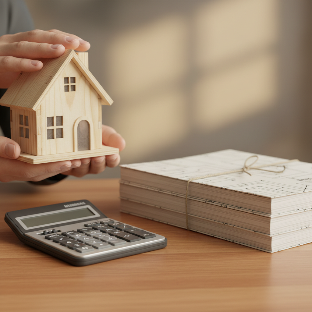 Home loan comparison across lenders visualized with hands holding a small house model beside a calculator and lender folders